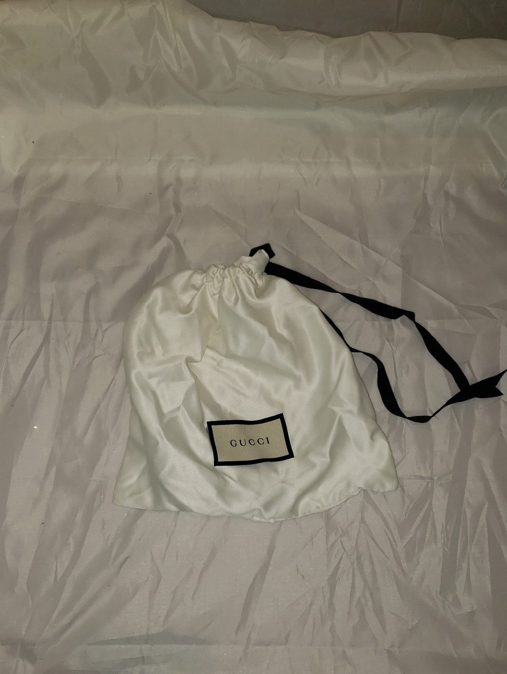 Gucci Ivory Satin Drawstring Pouch with Black Ribbon